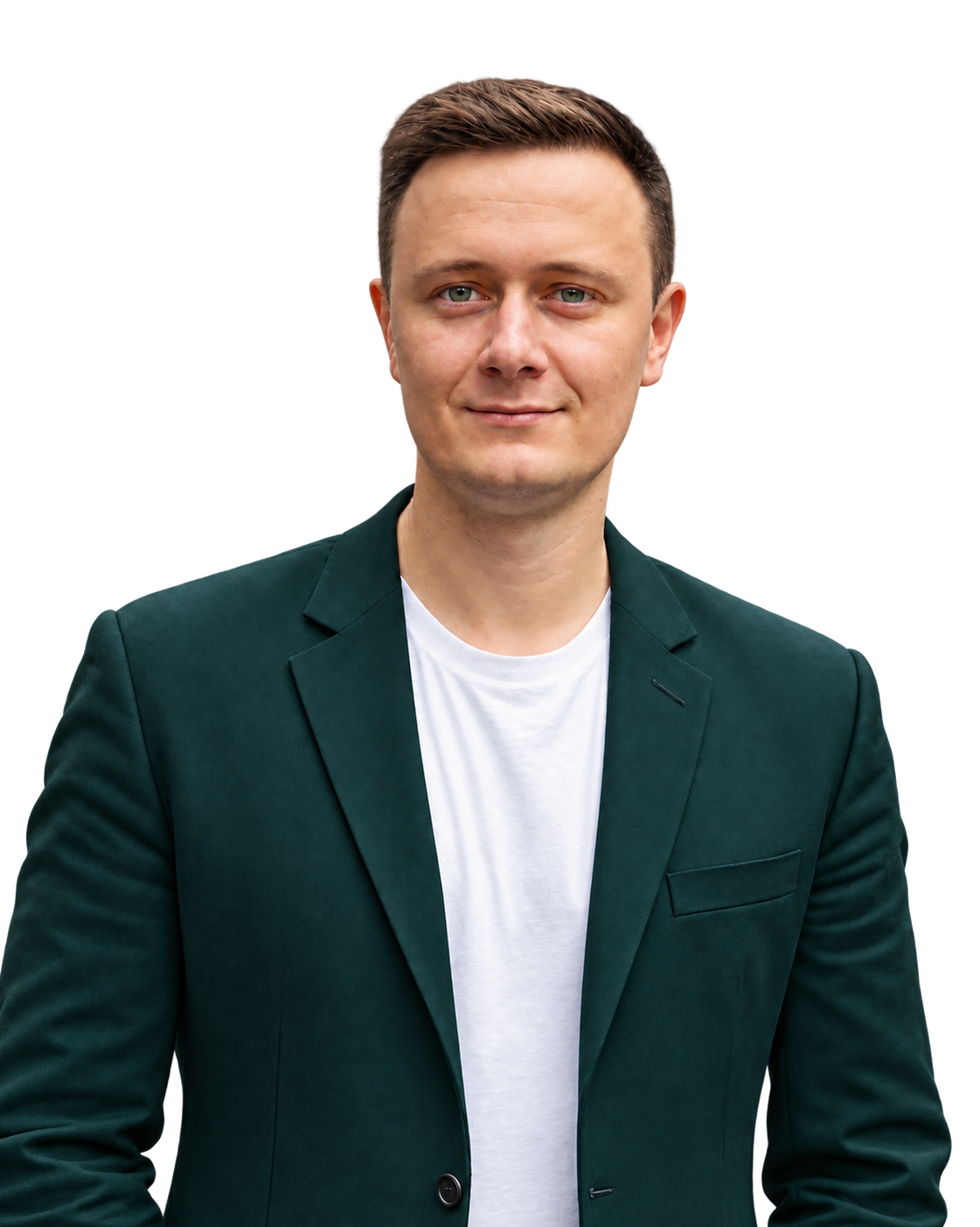 Serhii Krutko wearing a forest teal blazer